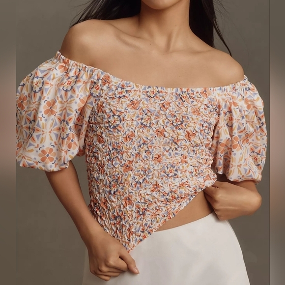 DOLAN Anthropologie Off-Shoulder Puff Sleeve Textured Top, Orange Pattern, XL - Picture 4 of 13